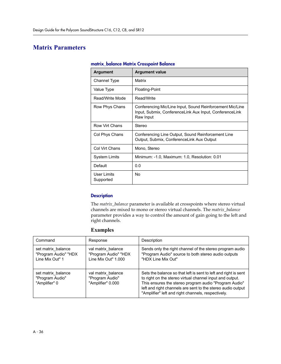 Matrix parameters, Matrix_balance matrix crosspoint balance, Description | Examples | Polycom C16 User Manual | Page 378 / 492