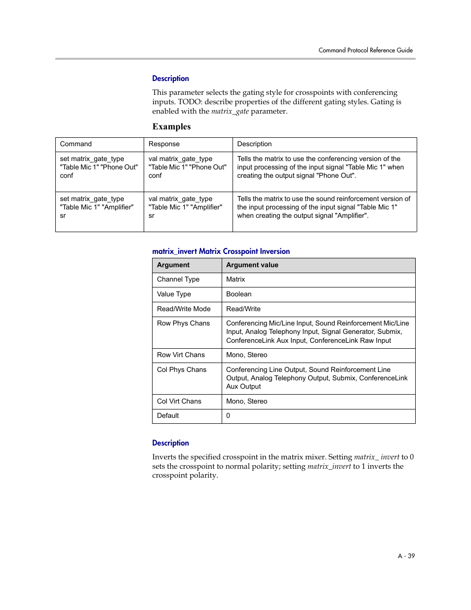 Description, Matrix_invert matrix crosspoint inversion, Examples | Polycom C16 User Manual | Page 381 / 492