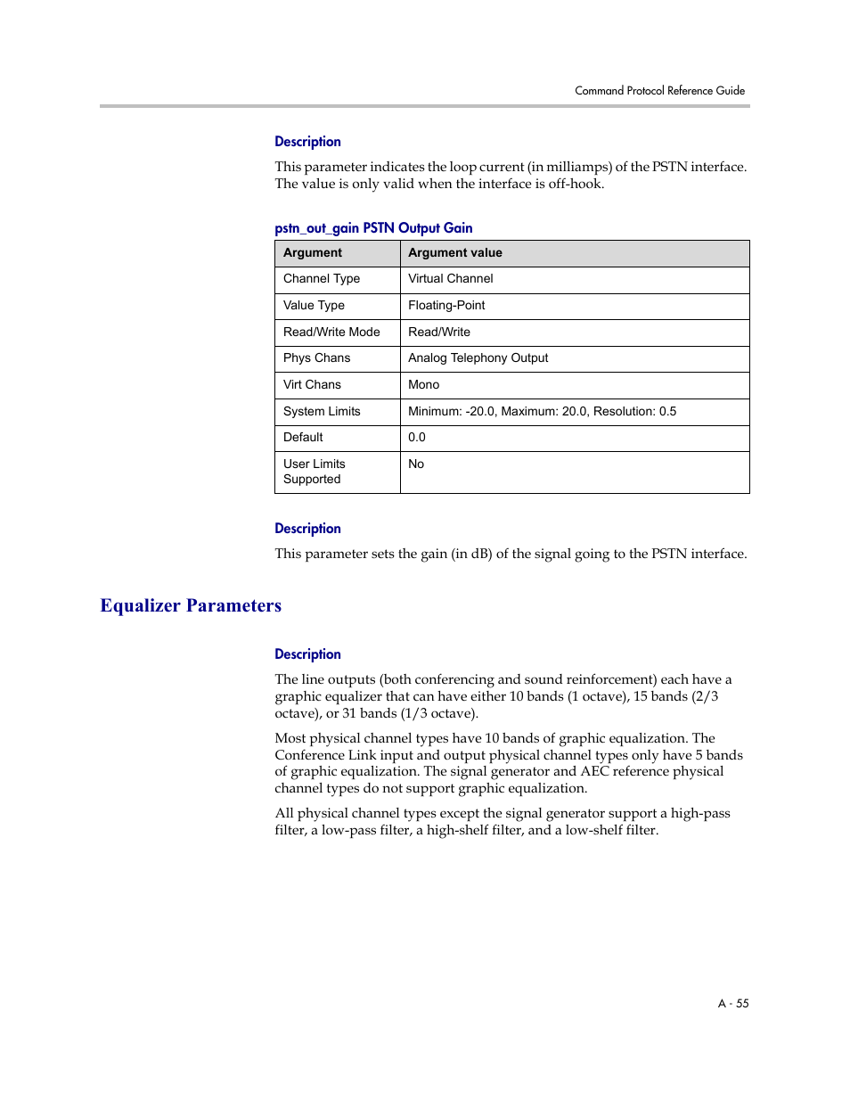Description, Pstn_out_gain pstn output gain, Equalizer parameters | Polycom C16 User Manual | Page 397 / 492