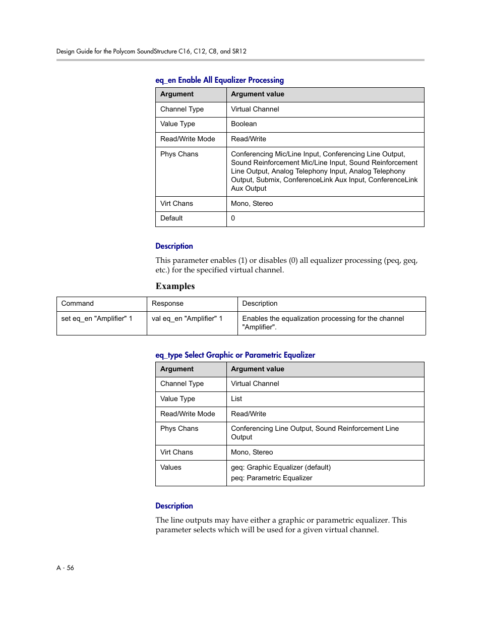 Eq_en enable all equalizer processing, Description, Eq_type select graphic or parametric equalizer | Examples | Polycom C16 User Manual | Page 398 / 492