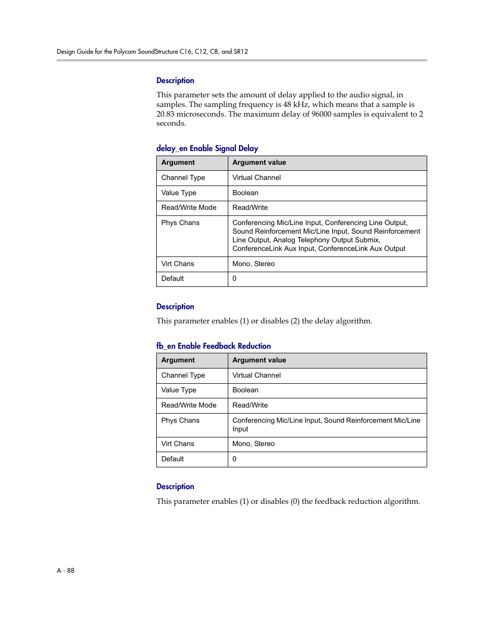 Description, Delay_en enable signal delay, Fb_en enable feedback reduction | Polycom C16 User Manual | Page 430 / 492