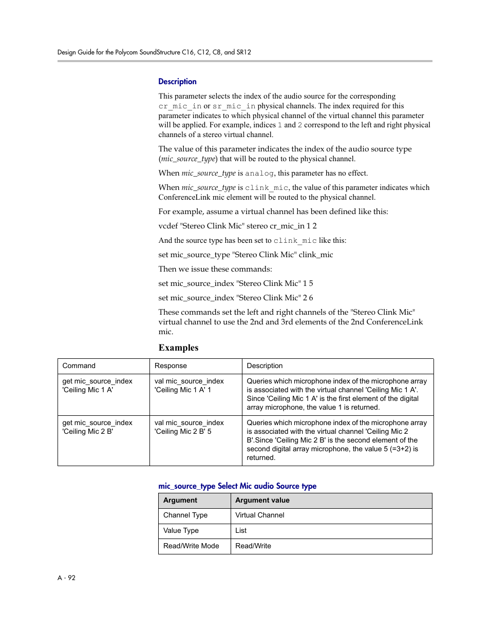 Description, Mic_source_type select mic audio source type, Examples | Polycom C16 User Manual | Page 434 / 492