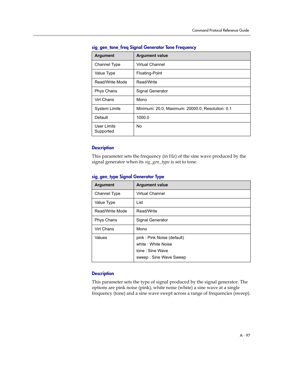 Sig_gen_tone_freq signal generator tone frequency, Description, Sig_gen_type signal generator type | Polycom C16 User Manual | Page 439 / 492