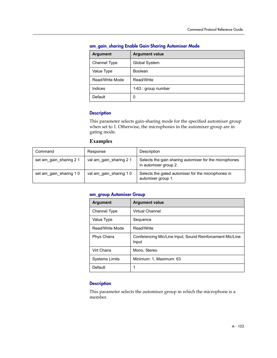 Am_gain_sharing enable gain-sharing automixer mode, Description, Am_group automixer group | Examples | Polycom C16 User Manual | Page 445 / 492