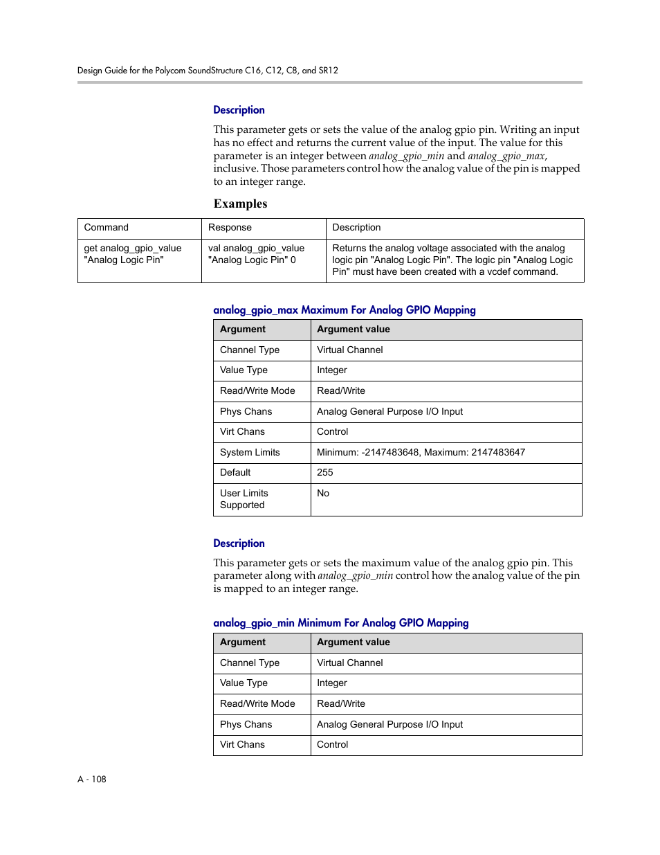 Description, Analog_gpio_max maximum for analog gpio mapping, Analog_gpio_min minimum for analog gpio mapping | Examples | Polycom C16 User Manual | Page 450 / 492