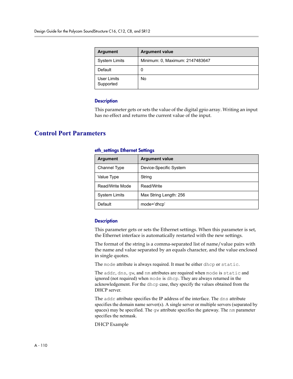 Description, Control port parameters, Eth_settings ethernet settings | Polycom C16 User Manual | Page 452 / 492