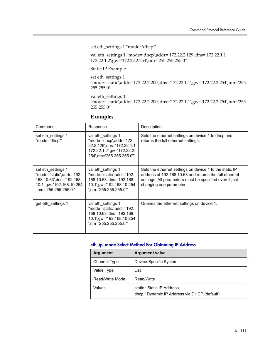 Eth_ip_mode select method for obtaining ip address, Examples | Polycom C16 User Manual | Page 453 / 492