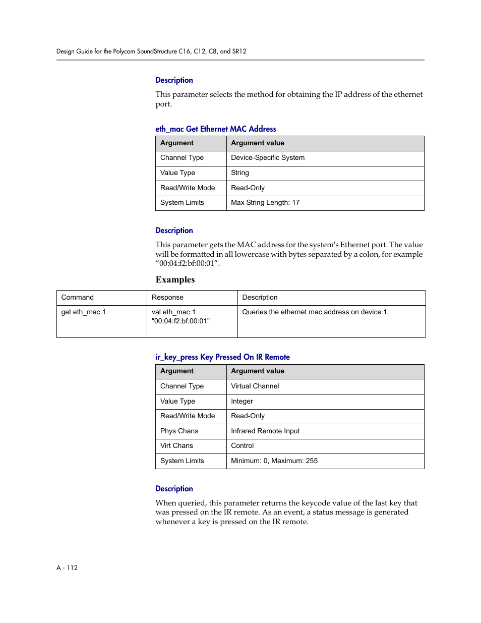 Description, Eth_mac get ethernet mac address, Ir_key_press key pressed on ir remote | Examples | Polycom C16 User Manual | Page 454 / 492