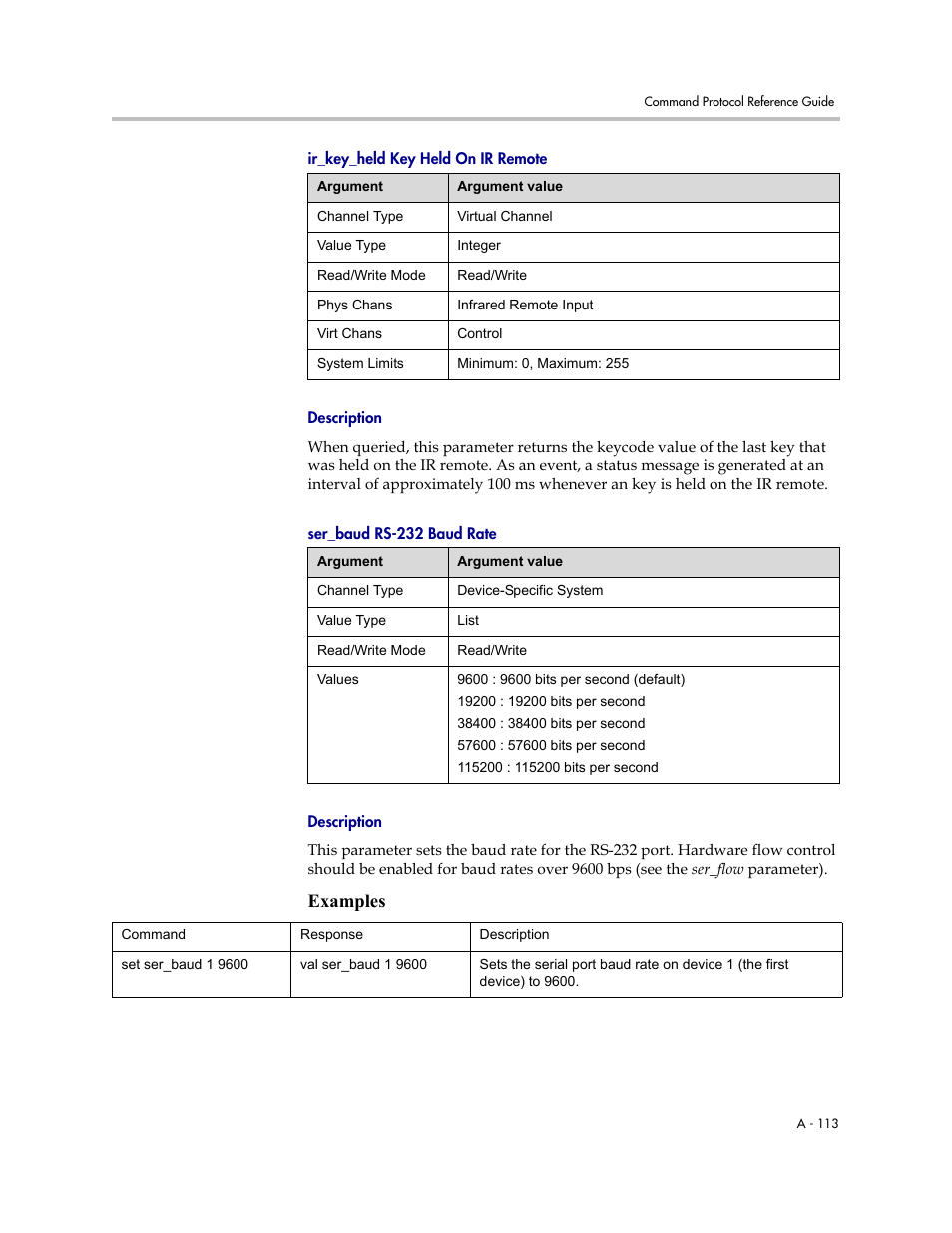 Ir_key_held key held on ir remote, Description, Ser_baud rs-232 baud rate | Examples | Polycom C16 User Manual | Page 455 / 492