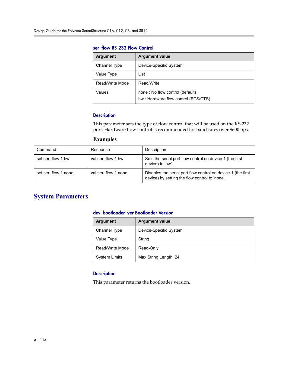 Ser_flow rs-232 flow control, Description, System parameters | Dev_bootloader_ver bootloader version, Examples | Polycom C16 User Manual | Page 456 / 492