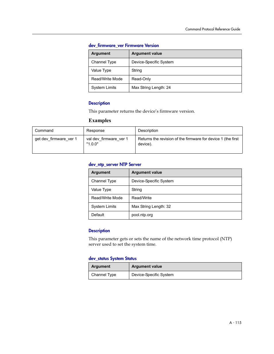 Dev_firmware_ver firmware version, Description, Dev_ntp_server ntp server | Dev_status system status, Examples | Polycom C16 User Manual | Page 457 / 492