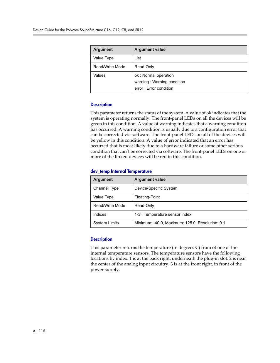 Description, Dev_temp internal temperature | Polycom C16 User Manual | Page 458 / 492