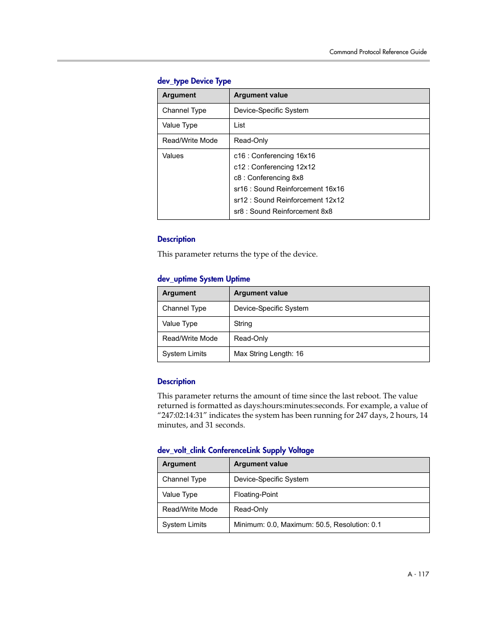 Dev_type device type, Description, Dev_uptime system uptime | Dev_volt_clink conferencelink supply voltage | Polycom C16 User Manual | Page 459 / 492