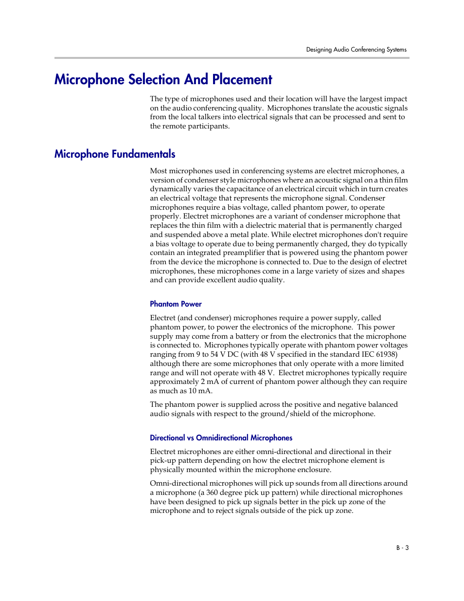 Microphone selection and placement, Microphone fundamentals, Phantom power | Directional vs omnidirectional microphones | Polycom C16 User Manual | Page 465 / 492