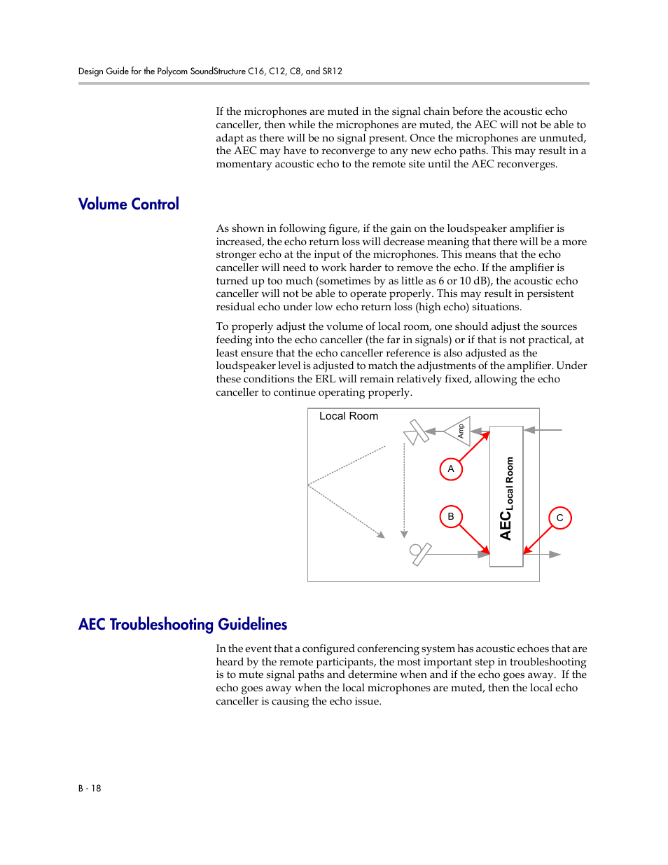 Volume control, Aec troubleshooting guidelines | Polycom C16 User Manual | Page 480 / 492