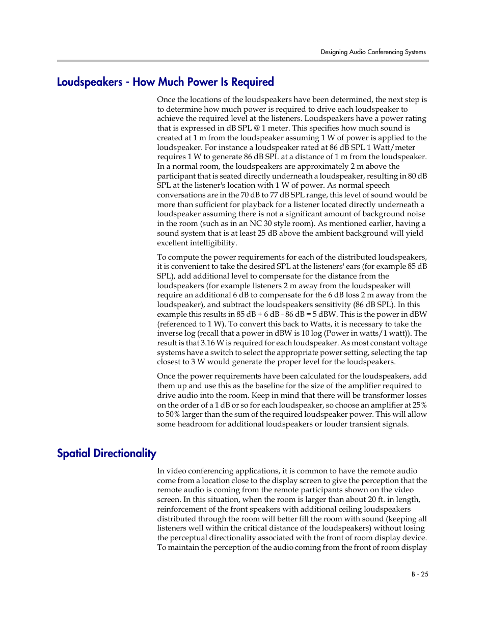 Loudspeakers - how much power is required, Spatial directionality | Polycom C16 User Manual | Page 487 / 492