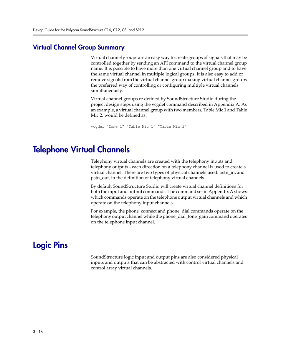 Virtual channel group summary, Telephone virtual channels, Logic pins | Virtual channel group summary –16, Telephone virtual channels –16 logic pins –16 | Polycom C16 User Manual | Page 60 / 492