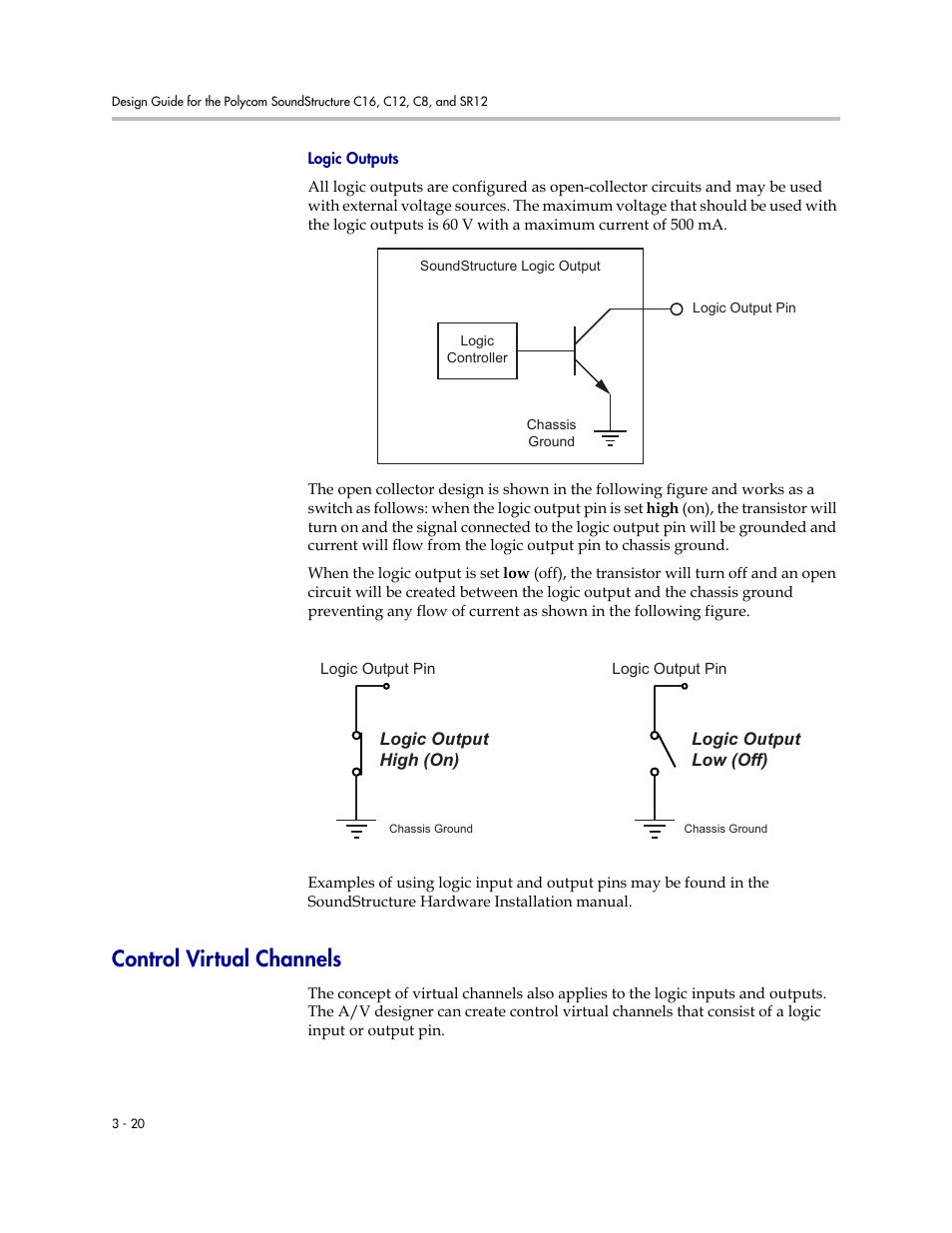 Logic outputs, Control virtual channels, Control virtual channels –20 | Polycom C16 User Manual | Page 64 / 492