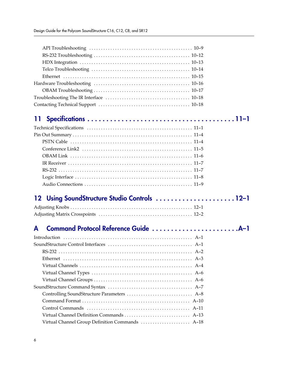 11 specifications –1, 12 using soundstructure studio controls –1 | Polycom C16 User Manual | Page 8 / 492