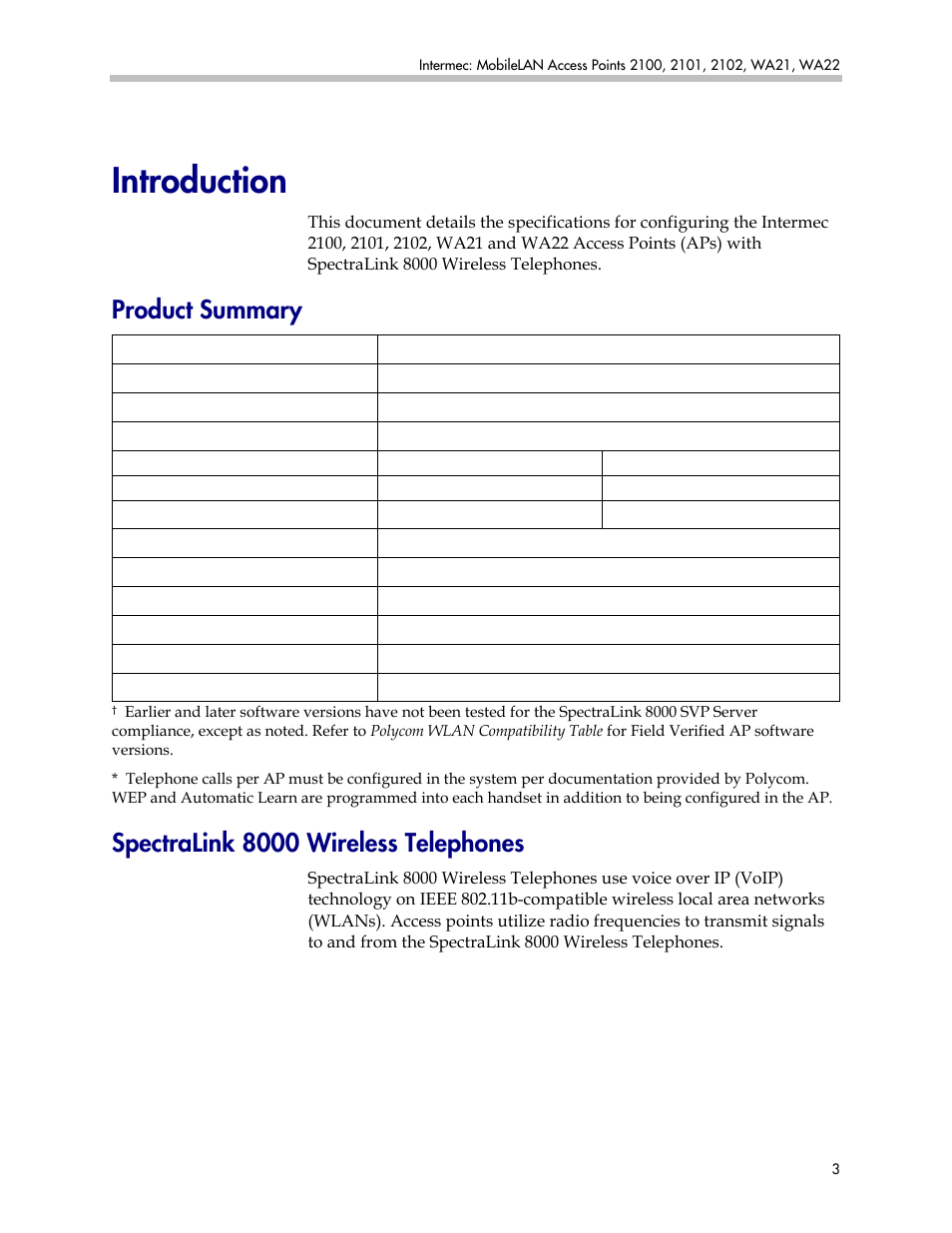 Introduction, Product summary, Spectralink 8000 wireless telephones | Polycom INTERMEC WA21 User Manual | Page 3 / 6