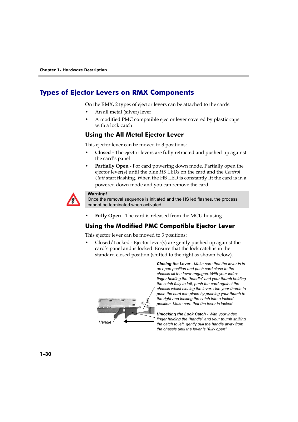 Types of ejector levers on rmx components, Using the all metal ejector lever, Using the modified pmc compatible ejector lever | Types of ejector levers on rmx components -30 | Polycom DOC2558B User Manual | Page 36 / 45