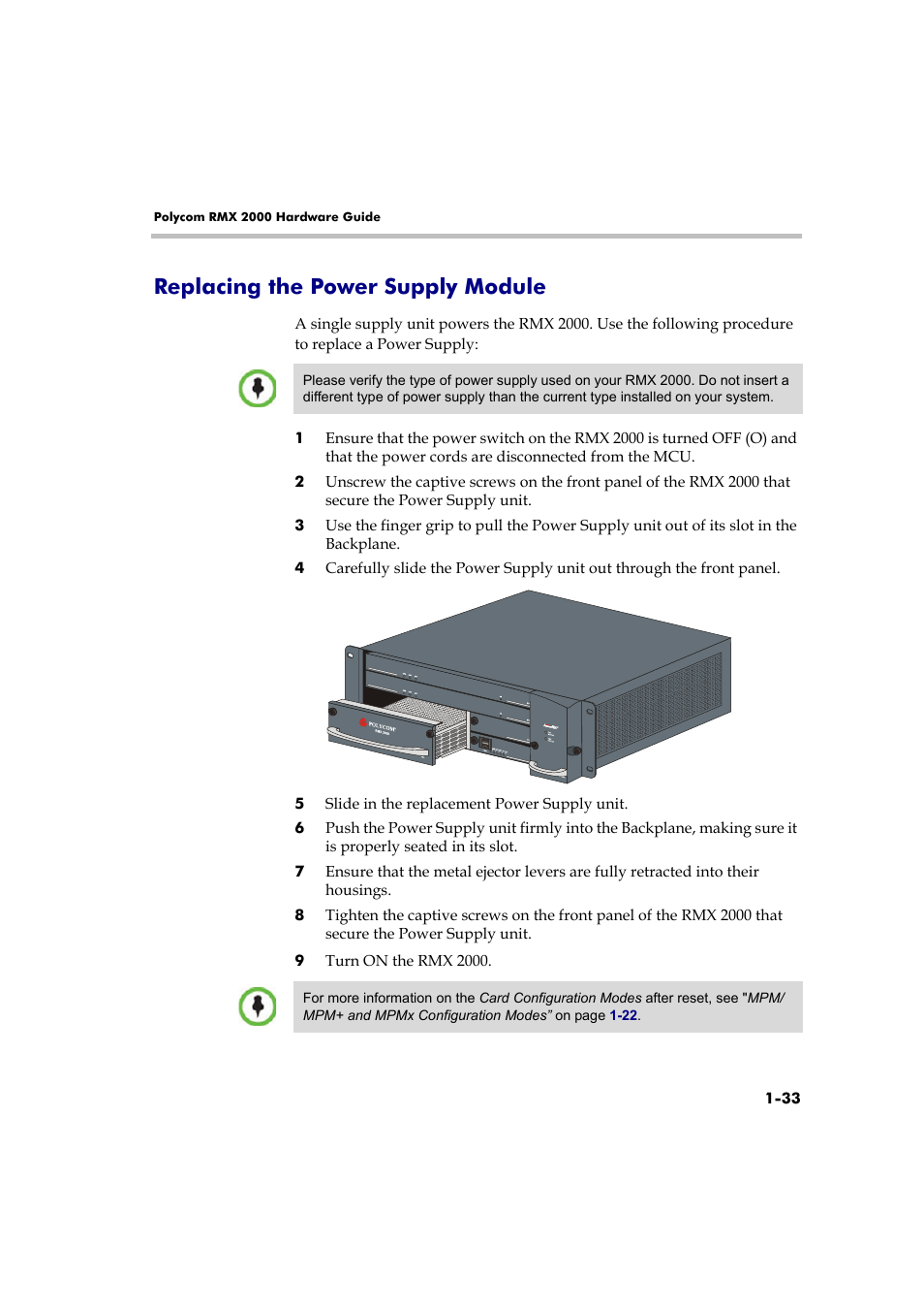 Replacing the power supply module, Replacing the power supply module -33, Le, see " replacing the power supply module” on | Polycom DOC2558B User Manual | Page 39 / 45