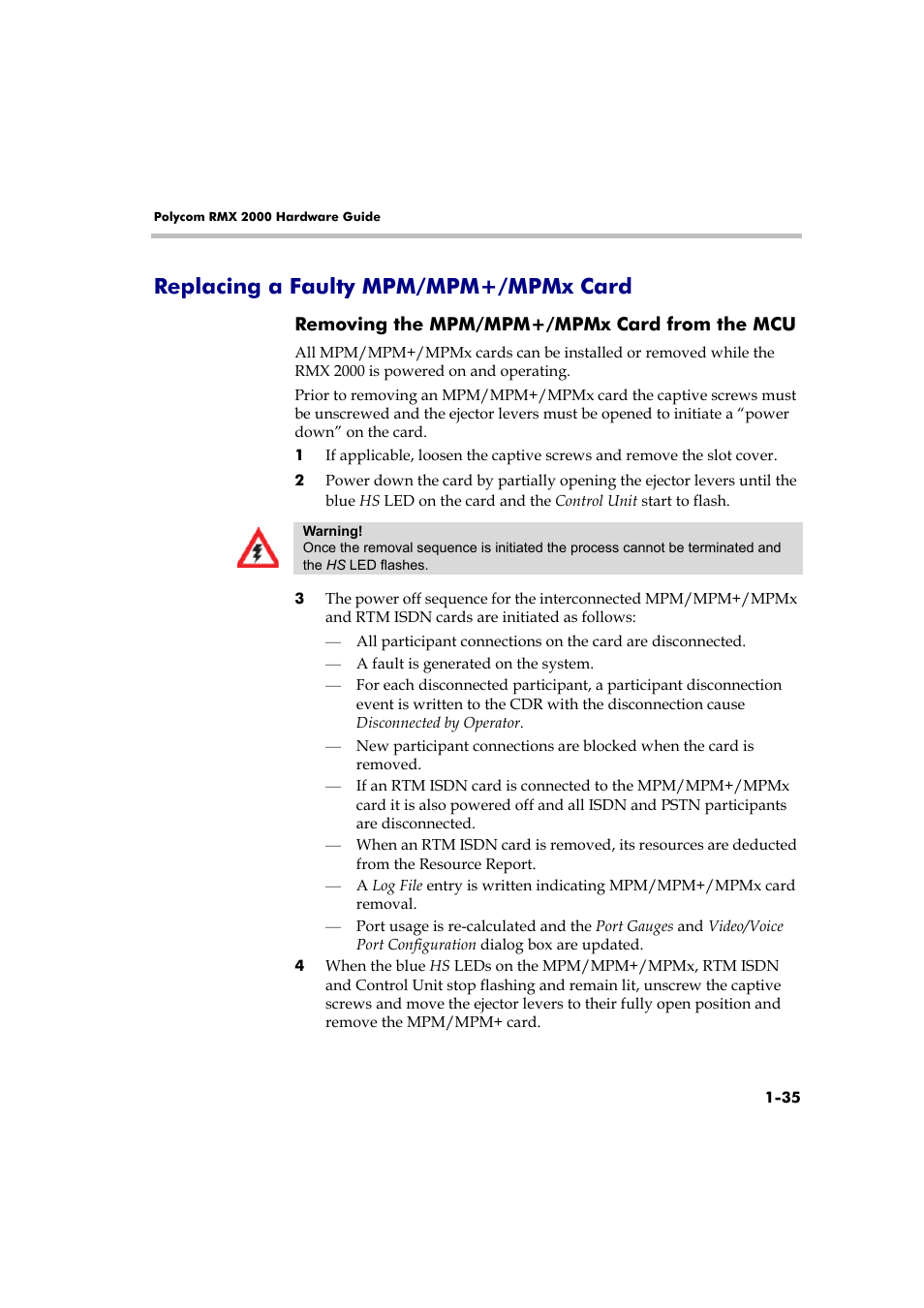 Replacing a faulty mpm/mpm+/mpmx card, Removing the mpm/mpm+/mpmx card from the mcu, Replacing a faulty mpm/mpm+/mpmx card -35 | Removing the mpm/mpm+/mpmx card, From the mcu -35 | Polycom DOC2558B User Manual | Page 41 / 45