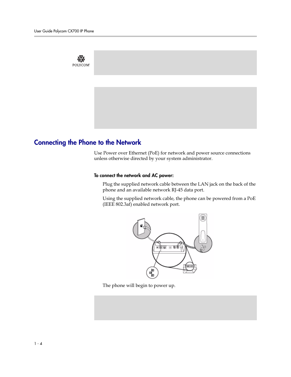 Connecting the phone to the network, Connecting network and power source –4 | Polycom CX700 User Manual | Page 10 / 62