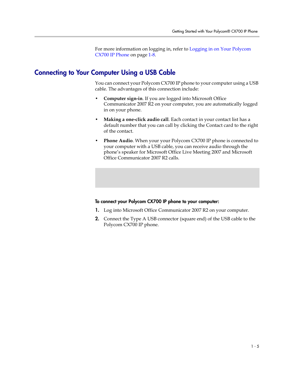 Connecting to your computer using a usb cable, Connecting to your computer using a usb cable –5 | Polycom CX700 User Manual | Page 11 / 62