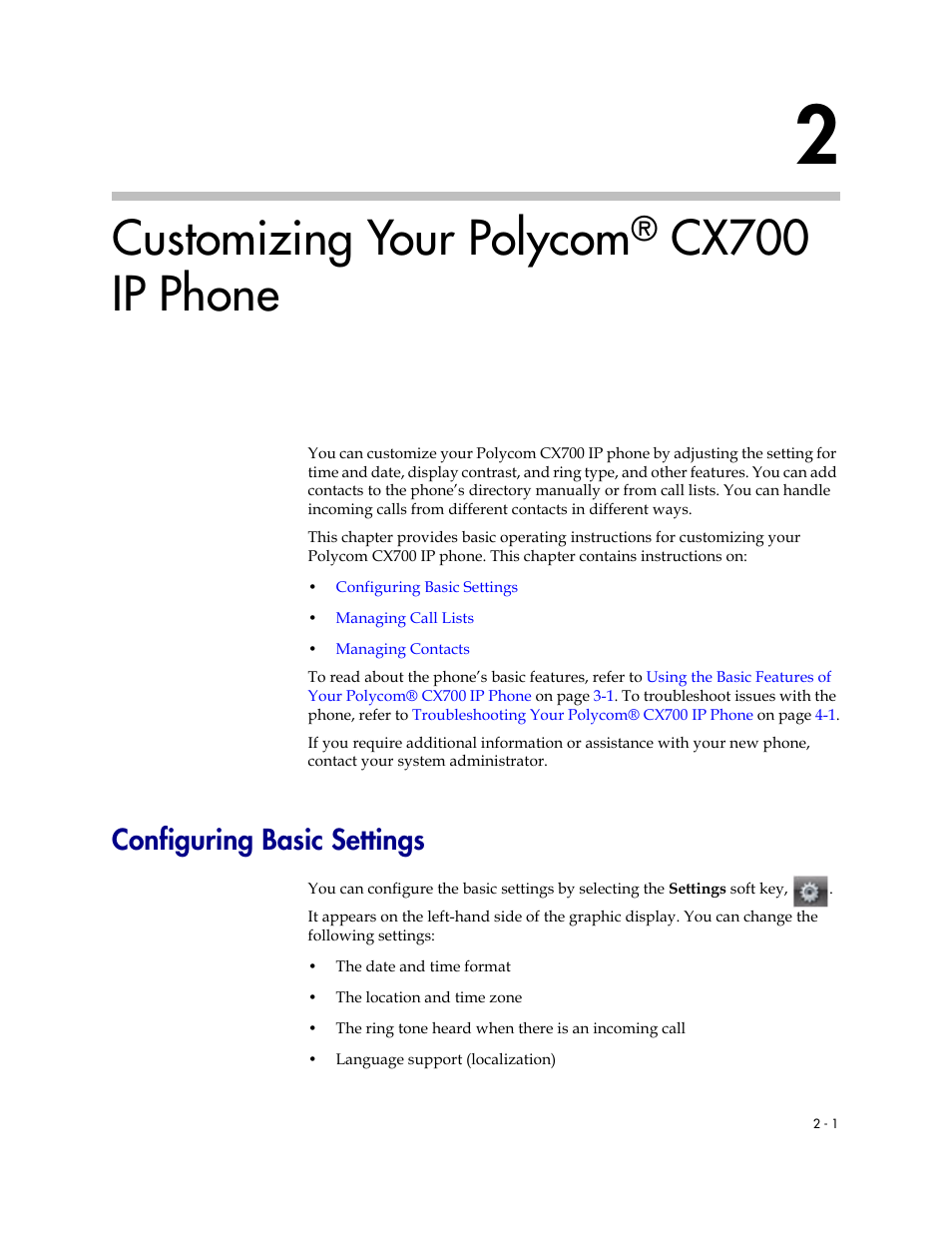 Customizing your polycom® cx700 ip phone, Configuring basic settings, 2 customizing your polycom® cx700 ip phone –1 | Configuring basic settings –1, Customizing your polycom® cx700 ip, Phone, Customizing your polycom, Cx700 ip phone | Polycom CX700 User Manual | Page 19 / 62