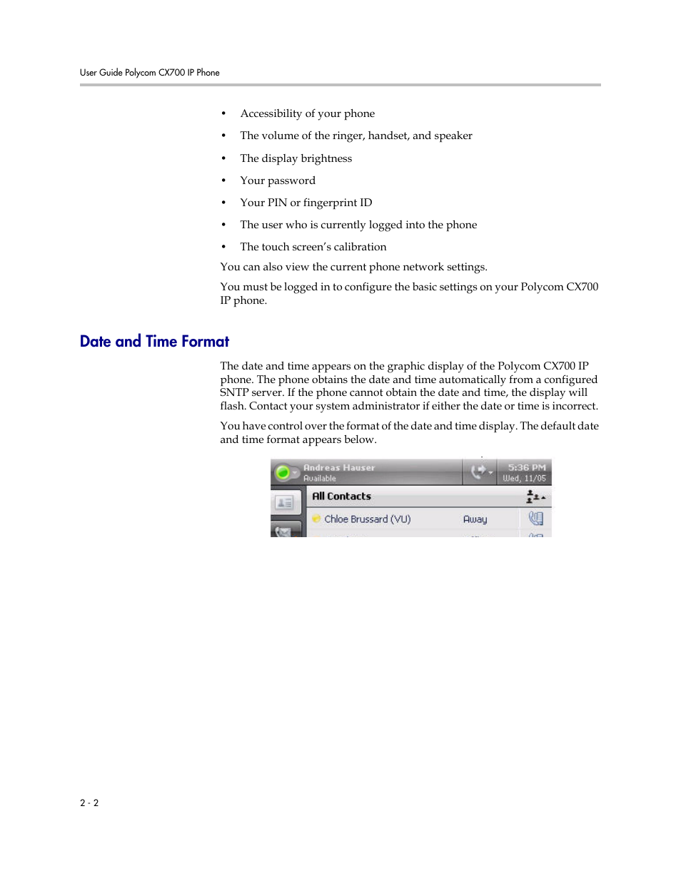 Date and time format, Date and time format –2 | Polycom CX700 User Manual | Page 20 / 62