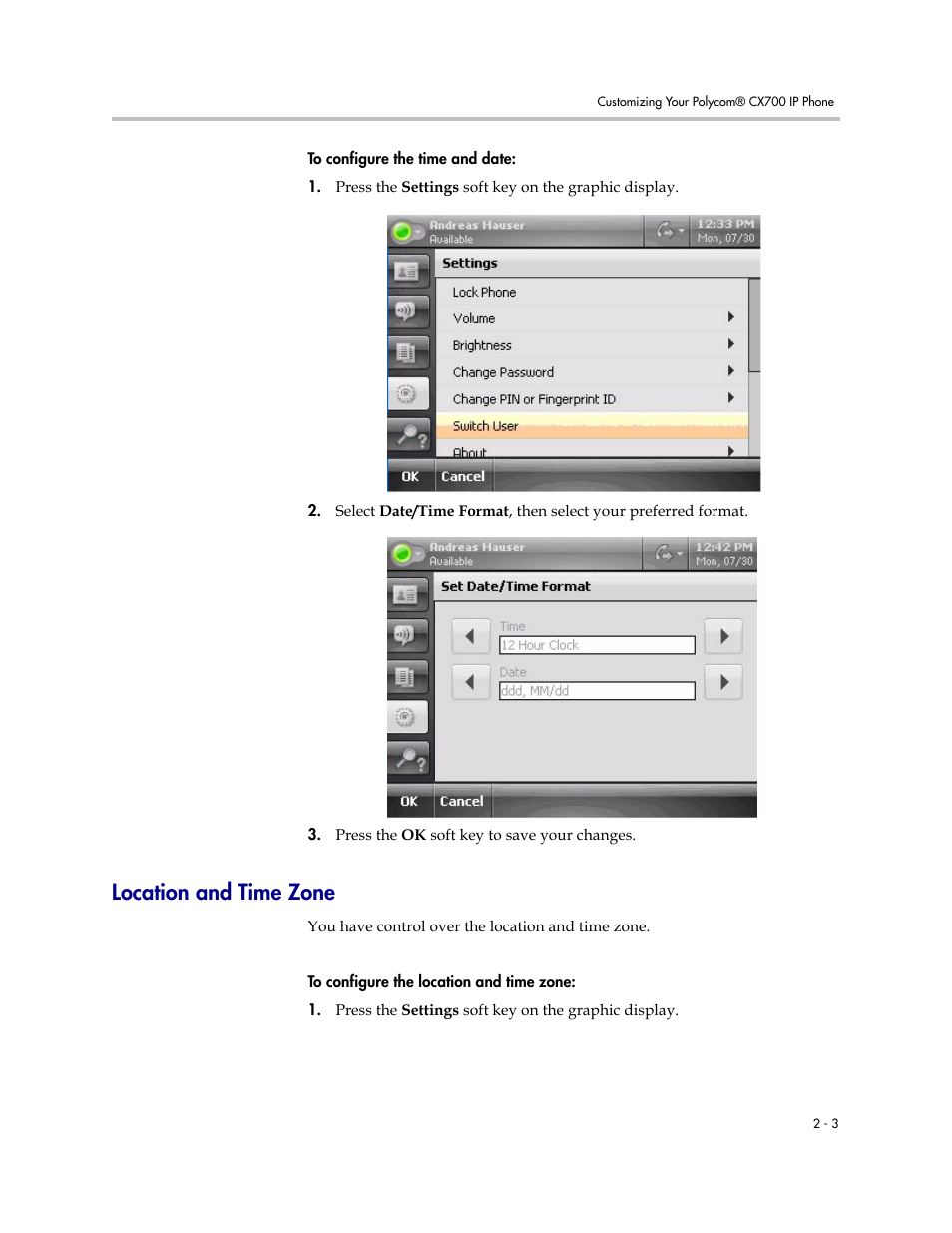 Location and time zone, Location and time zone –3 | Polycom CX700 User Manual | Page 21 / 62