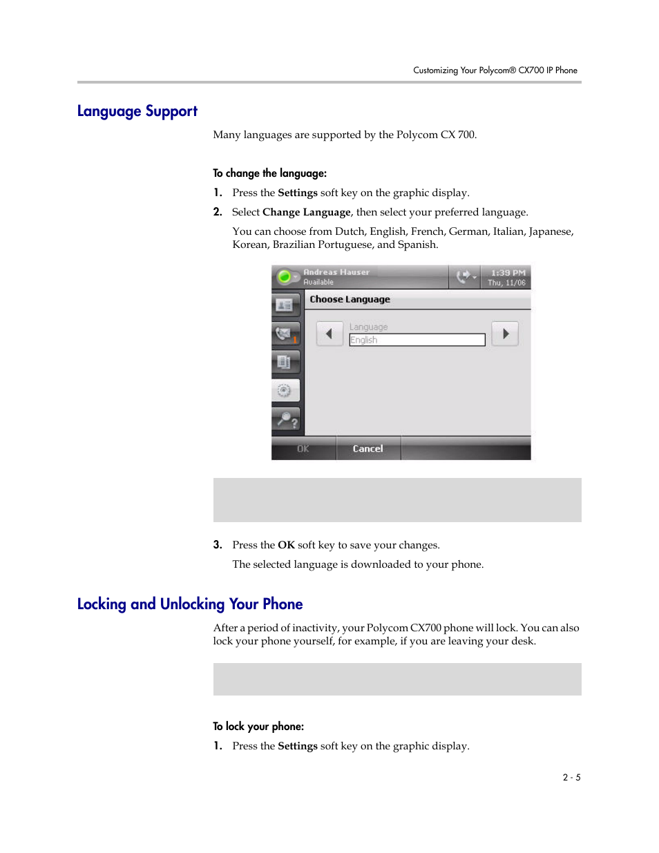 Language support, Locking and unlocking your phone | Polycom CX700 User Manual | Page 23 / 62