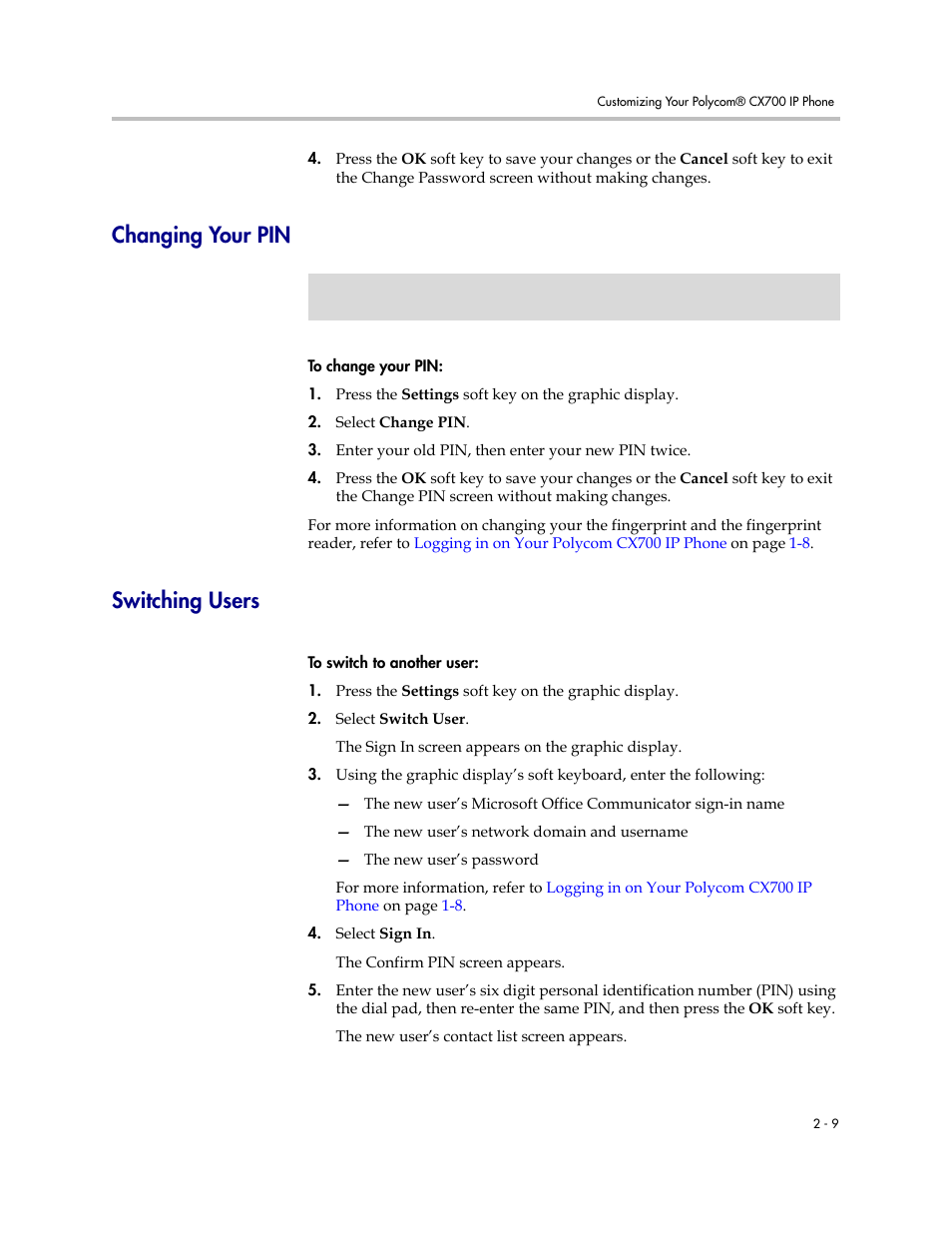 Changing your pin, Switching users, Changing your pin –9 switching users –9 | Polycom CX700 User Manual | Page 27 / 62