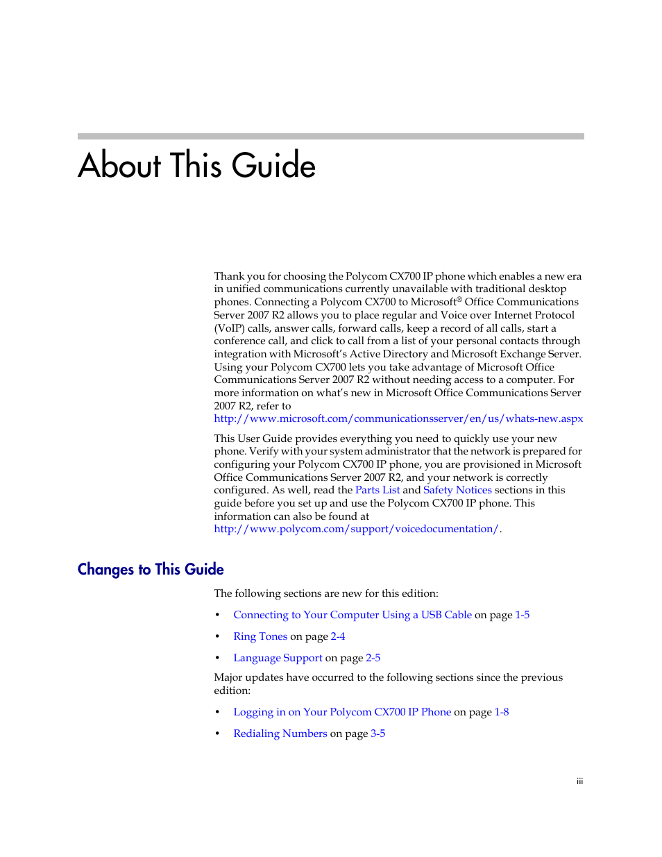Changes to this guide, About this guide | Polycom CX700 User Manual | Page 3 / 62