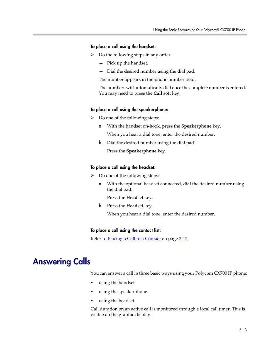Answering calls, Answering calls –3 | Polycom CX700 User Manual | Page 35 / 62