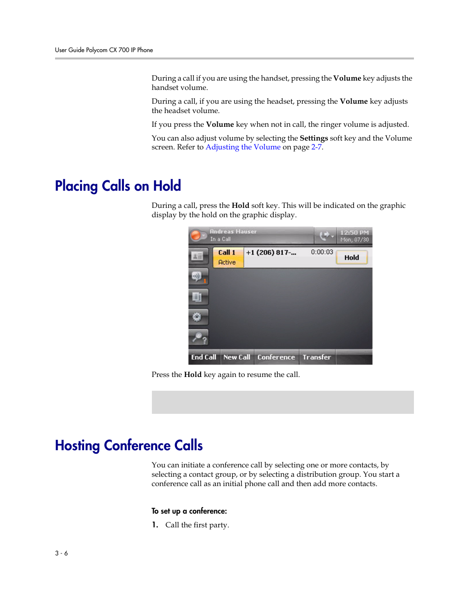 Placing calls on hold, Hosting conference calls | Polycom CX700 User Manual | Page 38 / 62