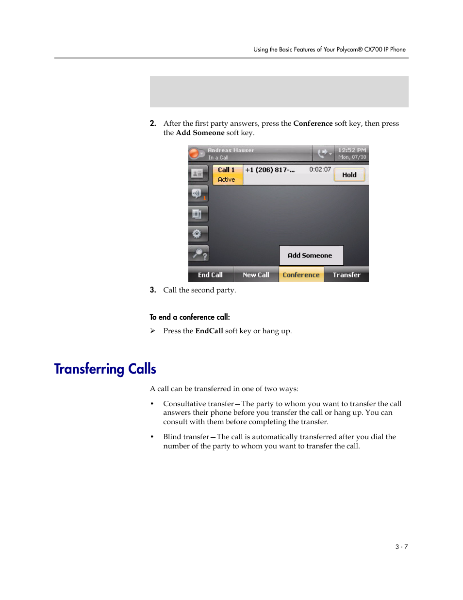 Transferring calls, Transferring calls –7 | Polycom CX700 User Manual | Page 39 / 62