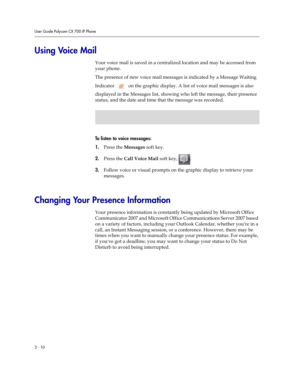 Using voice mail, Changing your presence information | Polycom CX700 User Manual | Page 42 / 62