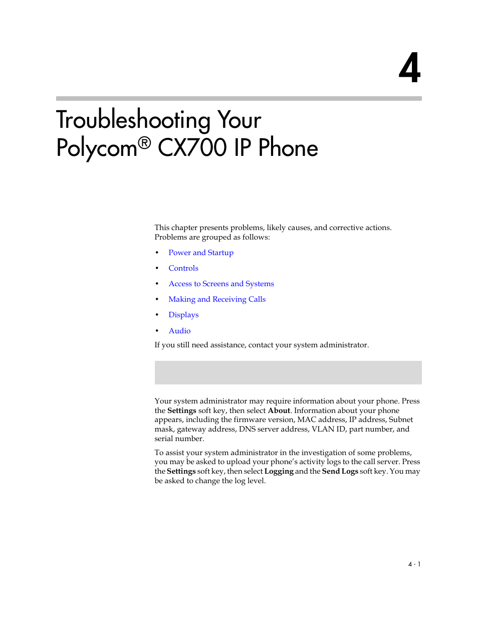 Troubleshooting your polycom® cx700 ip phone, 4 troubleshooting your polycom® cx700 ip phone –1, Troubleshooting your polycom | Cx700 ip phone | Polycom CX700 User Manual | Page 47 / 62