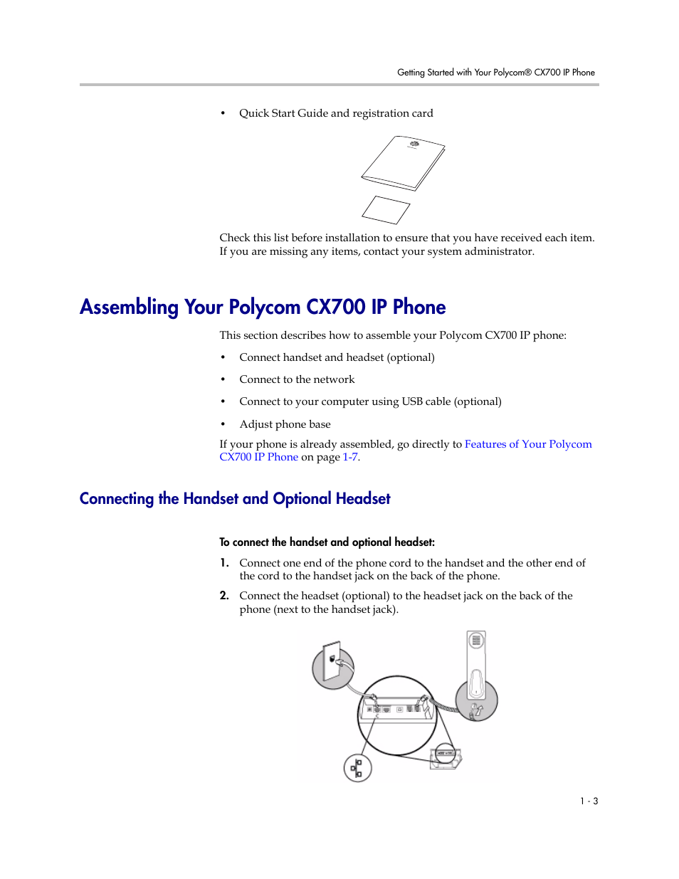 Assembling your polycom cx700 ip phone, Connecting the handset and optional headset, Assembling your polycom cx700 ip phone –3 | Connecting the handset and optional headset –3 | Polycom CX700 User Manual | Page 9 / 62