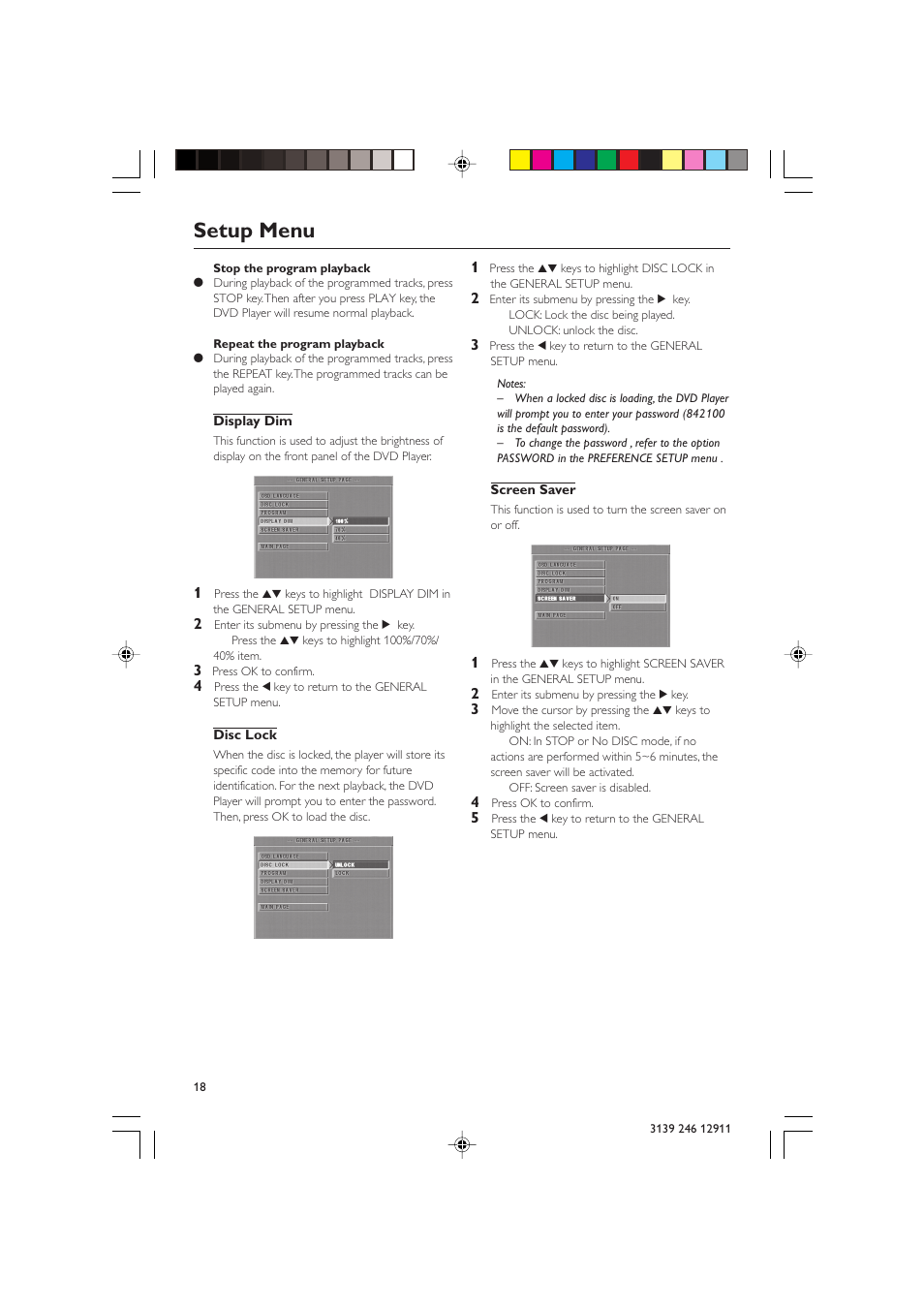 Setup menu | Polycom DVD 729 User Manual | Page 18 / 31