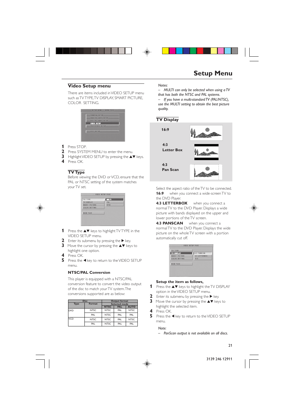 Setup menu, Video setup menu | Polycom DVD 729 User Manual | Page 21 / 31
