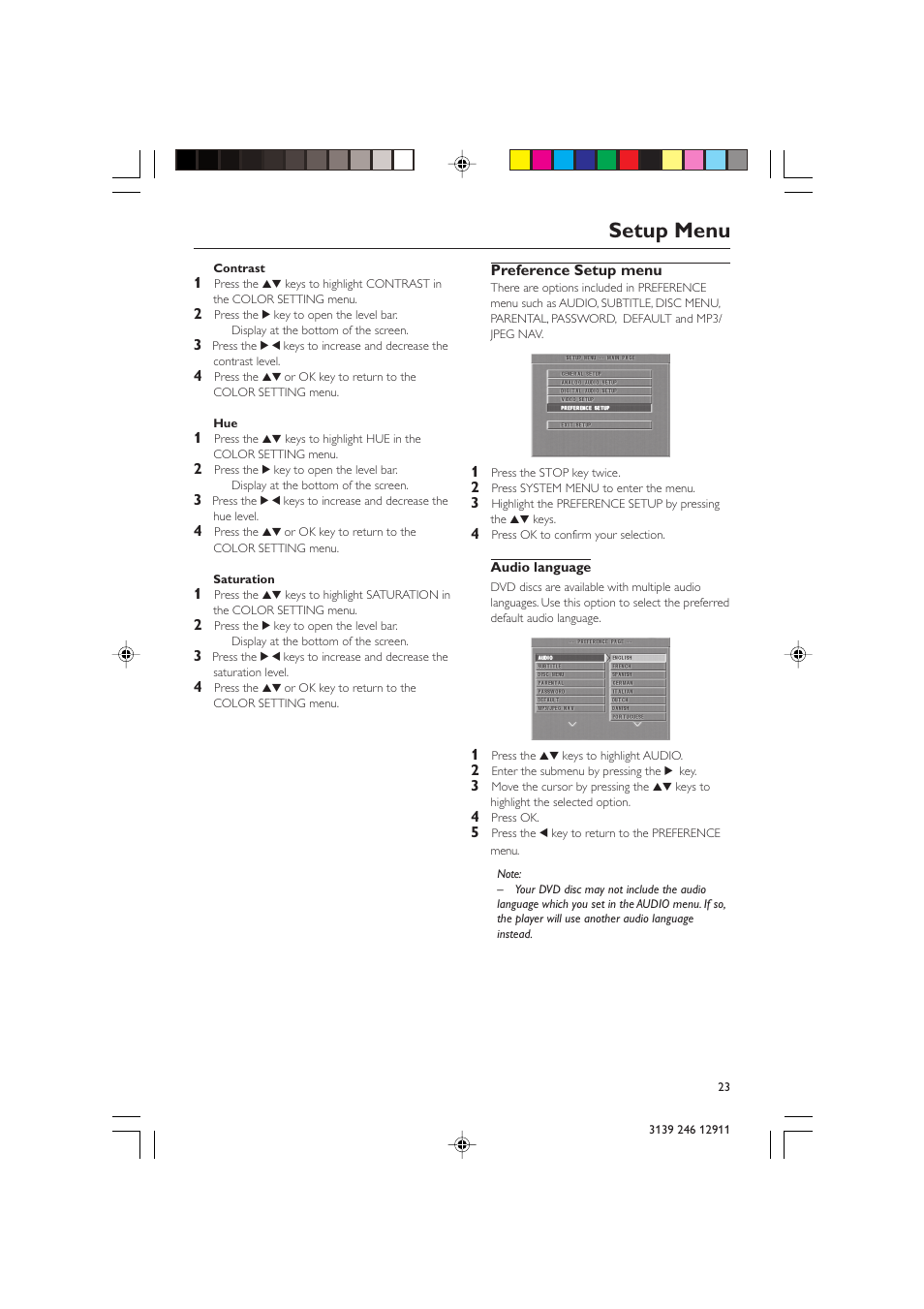 Setup menu | Polycom DVD 729 User Manual | Page 23 / 31
