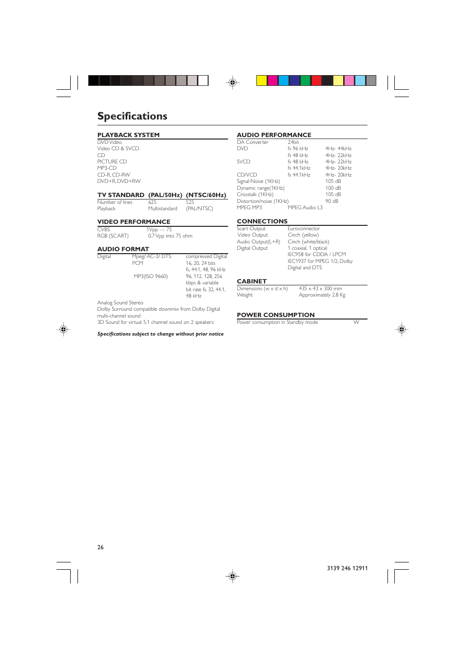 Specifications | Polycom DVD 729 User Manual | Page 26 / 31