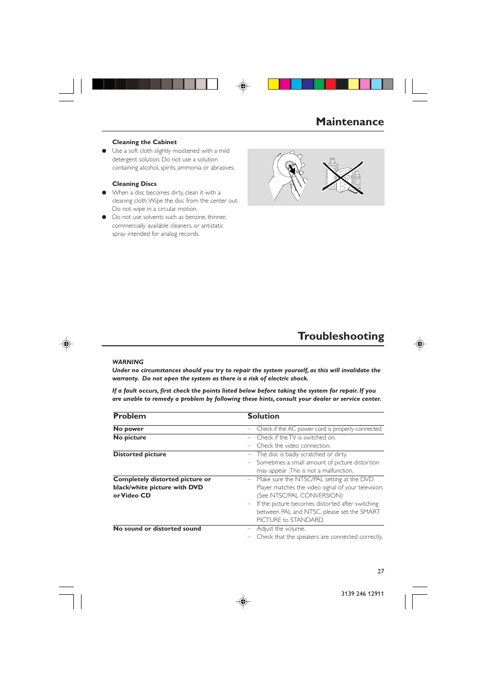 Troubleshooting, Maintenance, Problem solution | Polycom DVD 729 User Manual | Page 27 / 31