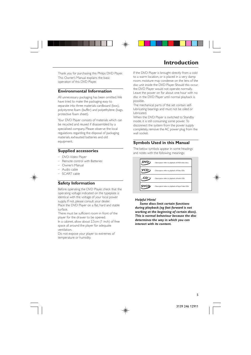 Introduction, Environmental information, Supplied accessories | Safety information, Symbols used in this manual | Polycom DVD 729 User Manual | Page 5 / 31