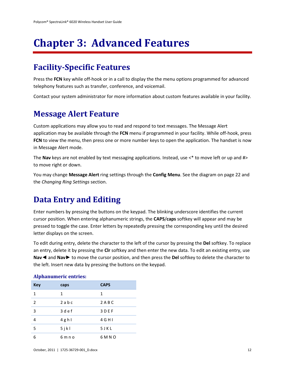 Chapter 3: advanced features, Facility-specific features, Message alert feature | Data entry and editing, Alphanumeric entries | Polycom SpectraLink 1725-36092-001 User Manual | Page 12 / 38