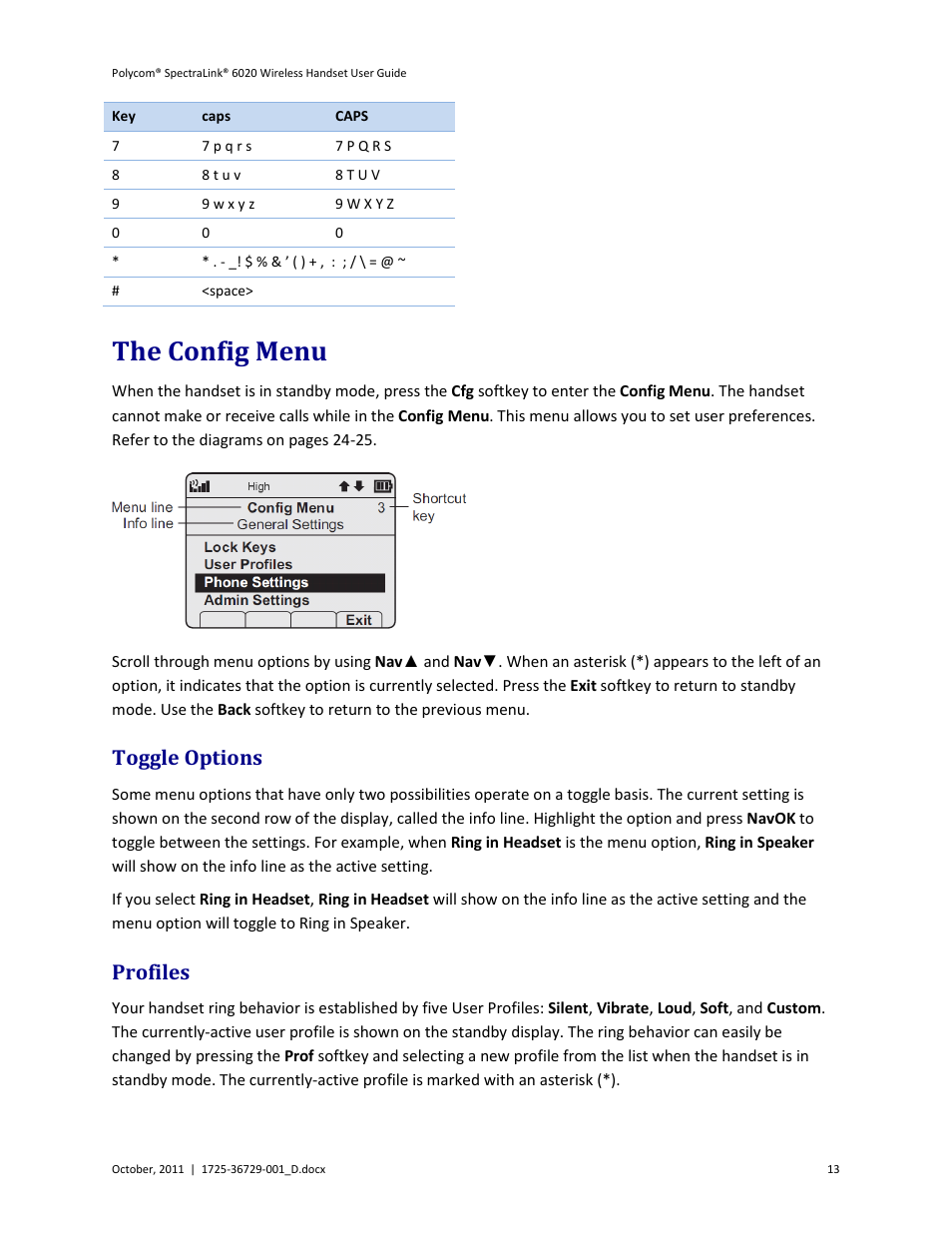 The config menu, Toggle options, Profiles | Toggle options profiles | Polycom SpectraLink 1725-36092-001 User Manual | Page 13 / 38