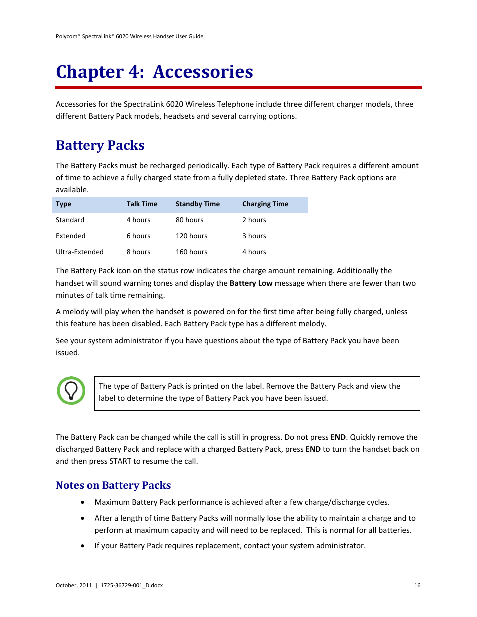 Chapter 4: accessories, Battery packs, Notes on battery packs | Polycom SpectraLink 1725-36092-001 User Manual | Page 16 / 38